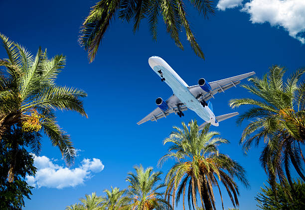 Airplane approaching landing on a tropical island stock photo