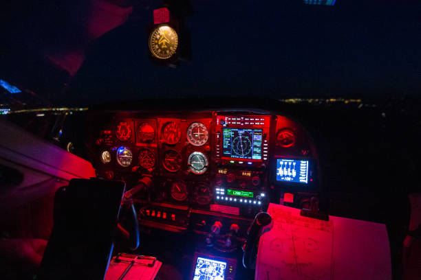 Airplane Cockpit Illuminated at Night stock photo