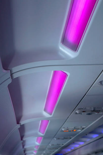 Multicolored interior lighting inside of a modern plane