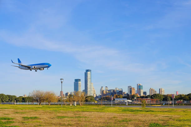 Airplane landing in Buenos Aires stock photo