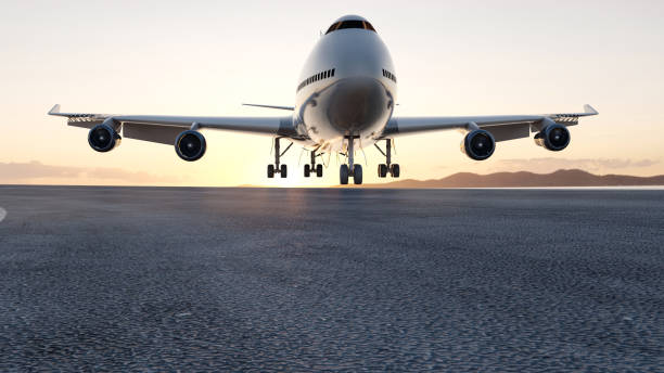 3D airplane landing sunset, concept 3d render for advertising. stock photo