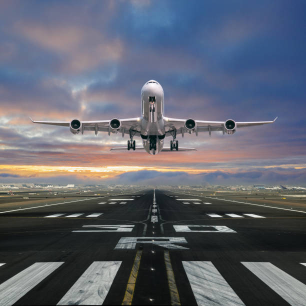 Airplane taking off from the airport. stock photo