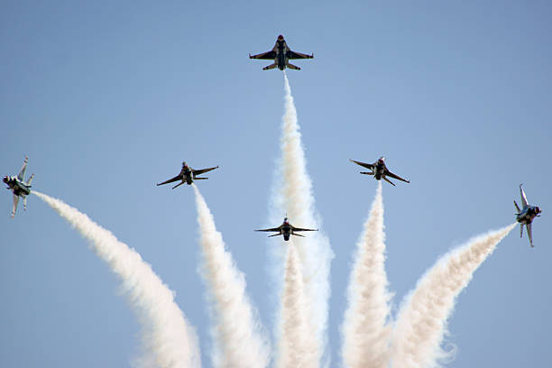 Airplane Thunderbirds F-16 Formation break stock photo