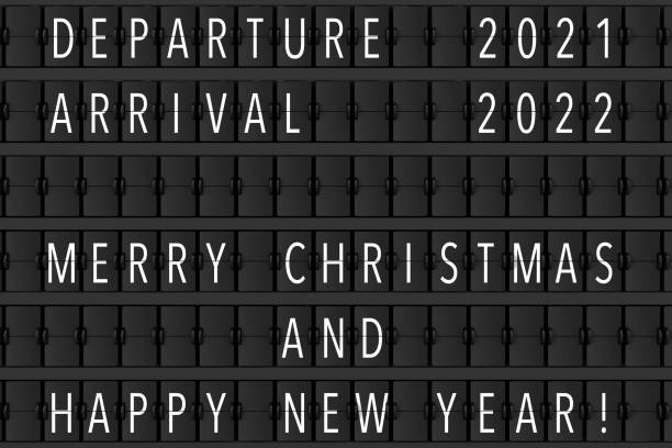 Airport Announcement Flip Mechanical Timetable with Hapy Merry Christmas and Happy New 2022 Year Sign. 3d Rendering stock photo