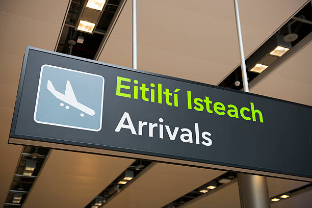 Airport arrivals sign in Dublin, Ireland stock photo