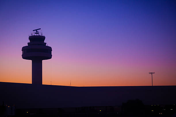 Airport Control Tower at Sunset stock photo
