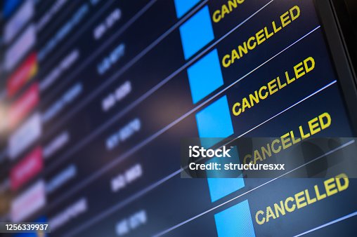 istock Airport lockdown, Flights cancellation on time table 1256339937