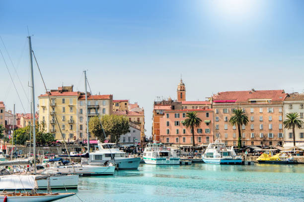 Ajaccio, Corsica Island, France Ajaccio, Corsica, France - September, 13, 2016: Ajaccio port cityscape with moored yachts and pleasure boats , Corsica island, France corsica stock pictures, royalty-free photos & images