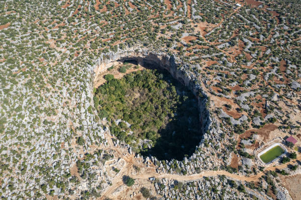 Akhayat is a sinkhole in Mersin Province, Turkey. The Akhayat Sinkhole is located in a rural area of the Silifke ilçe, to the north of Atayurt town stock photo
