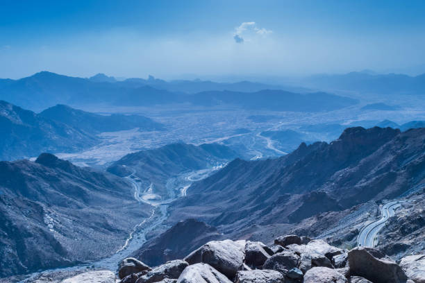 Al Hada Mountain in Taif City, Saudi Arabia with Beautiful View of Mountains and Al Hada road inbetween the mountains. stock photo
