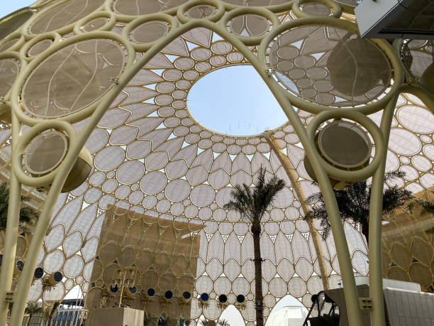 Al Wasl Dome center lights in afternoon at Expo 2020. stock photo