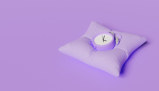 purple alarm clock on cushion and space for text. minimalist scene. 3d render