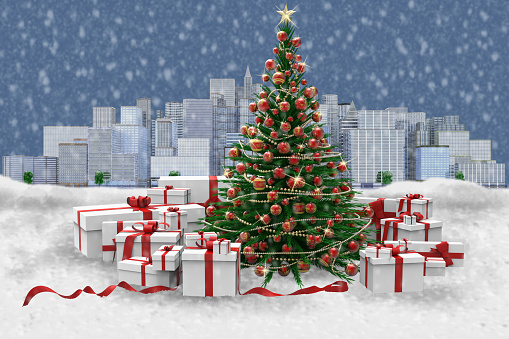 Natale Neve.Albero Di Natale Decorato E Regali Sotto La Neve Sfondo Cittan Stock Photo Download Image Now Istock