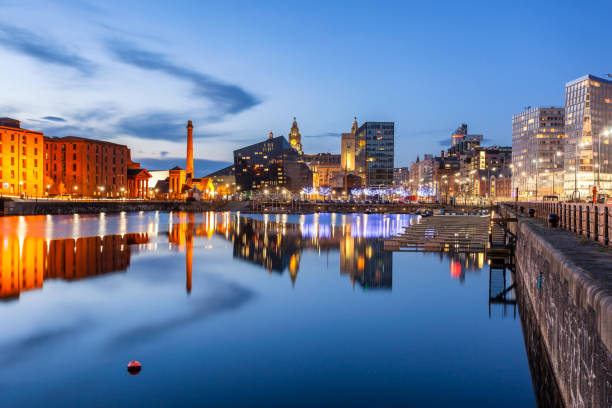 Albert Dock, Liverpool Night view of Liverpool,  skyline towards Albert Dock. liverpool england stock pictures, royalty-free photos & images
