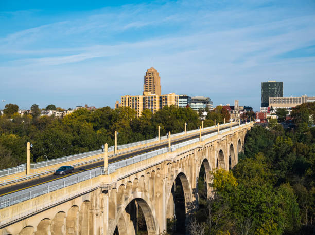 Albertus L. Meyers Bridge leading to Downtown Allentown, Pennsylvania. Aerial view on the sunny autumn day. Extra-large high-resolution stitched panorama. stock photo