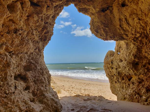Albufeira beach  natural cave. stock photo