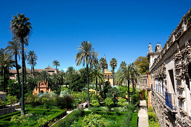 Alcazar gardens "The gardens of the  Alcazar palace, Seville, Spain" sevilla province stock pictures, royalty-free photos & images
