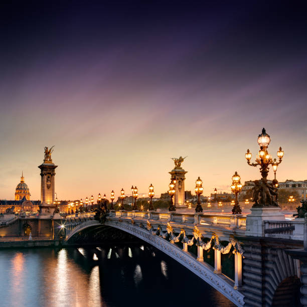 alexandre iii bridge in paris, france - paris night imagens e fotografias de stock