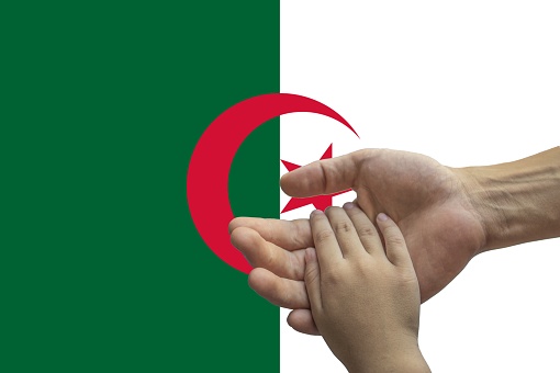 Algeria flag, intergration of a multicultural group of young people.
