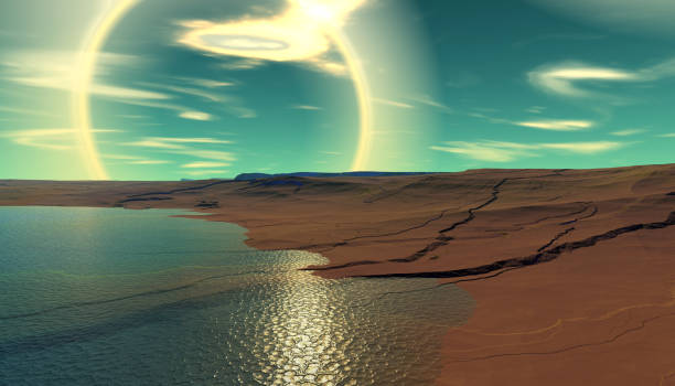 Alien Planet. Mountain and lake. 3D rendering stock photo