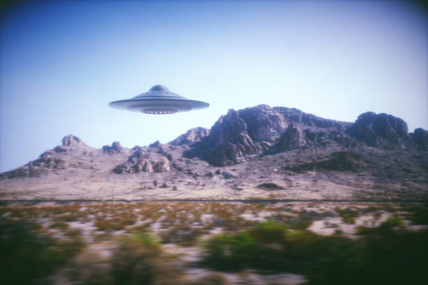 Alien Spaceship On Earth 3D illustration with photography. Alien spaceship flying with panning effect. ufo stock pictures, royalty-free photos & images