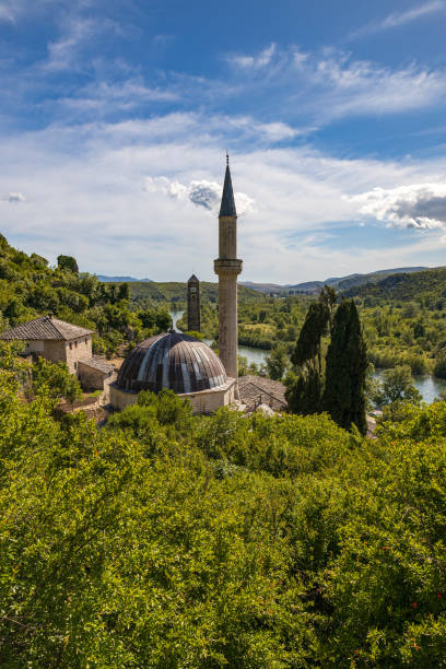 Alija Mosque and the Neretva River, Pocitelj, Bosnia stock photo