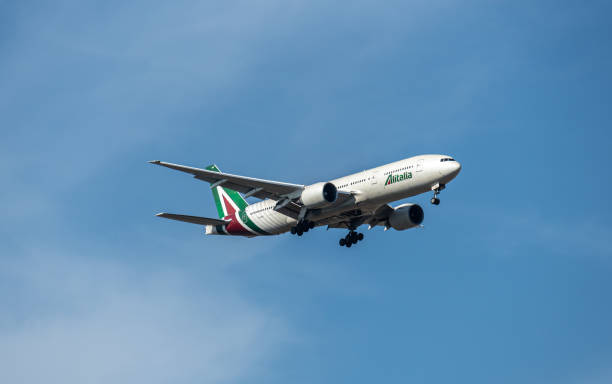 An Alitalia aircraft takes off at Fiumicino Airport, Rome, Italy.