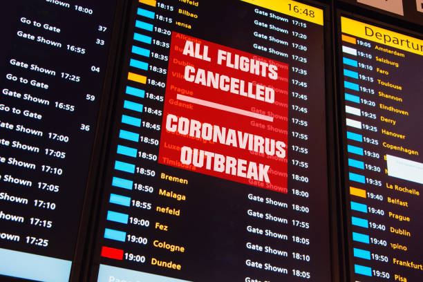 The message 'All flights cancelled - Coronavirus Outbreak' appearing in a screen showing flight information in an airport