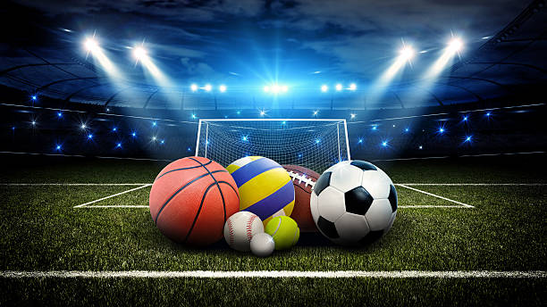 All sports balls in stadium 3d The imaginary stadium and sport balls are modelled and rendered. sporting goods stock pictures, royalty-free photos & images