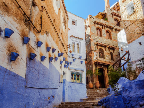 Alley of Chefchaouen, Morocco stock photo