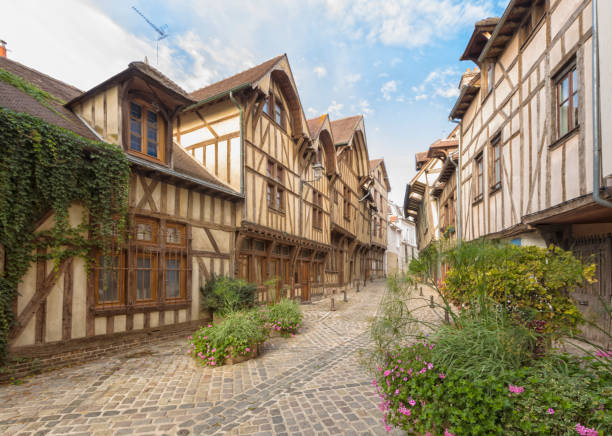 Alley with medieval houses at the old town of Troyes, Fracne stock photo