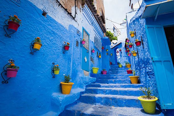 Alleyway in Chefchaouen, Morocoo stock photo