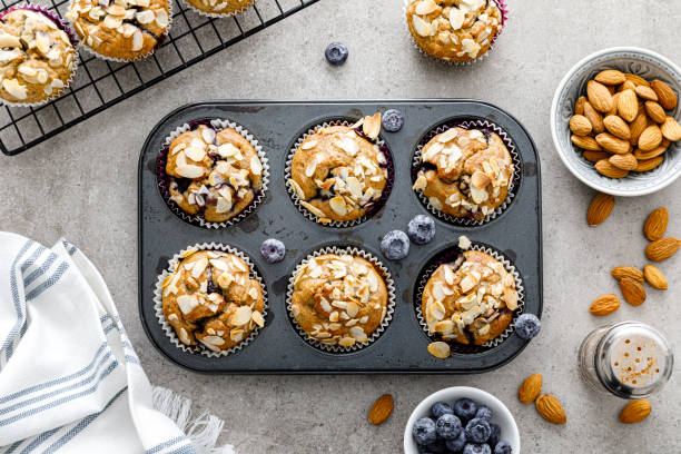 Almond blueberry muffins cupcakes dessert stock photo