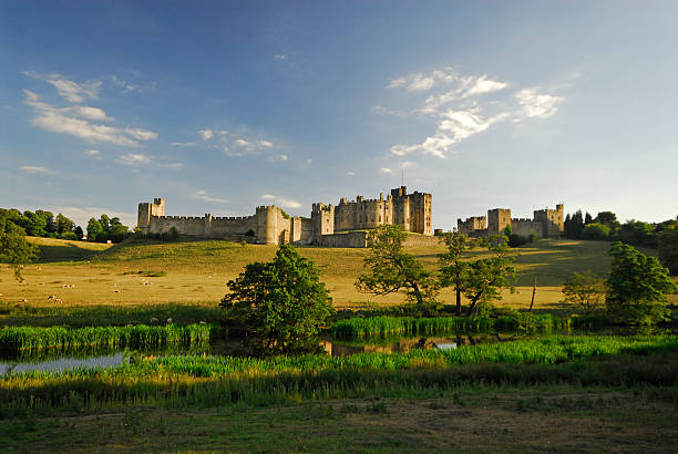 Alnwick Castle and River Aln, Northumberland  northumberland stock pictures, royalty-free photos & images