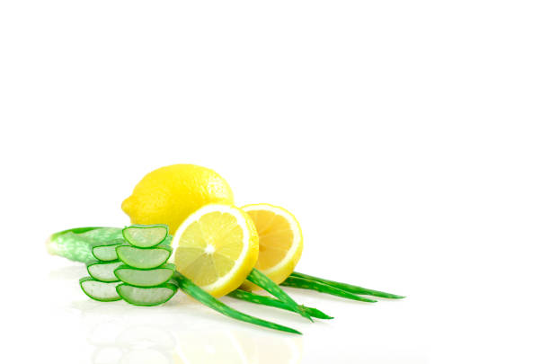 Aloe Vera gel and lemon juice for natural skin cleaner. stock photo