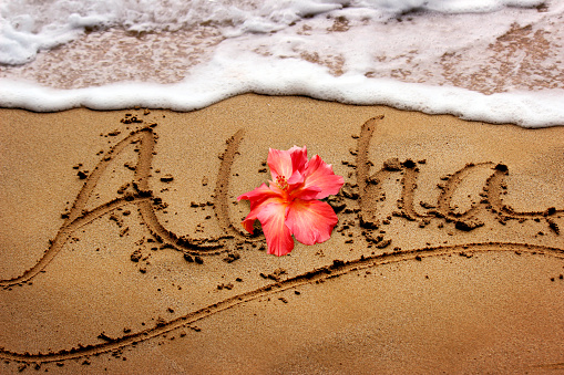 Aloha written in the sand with a hibiscus flower and the surf approaching in Maui, Hawaii.