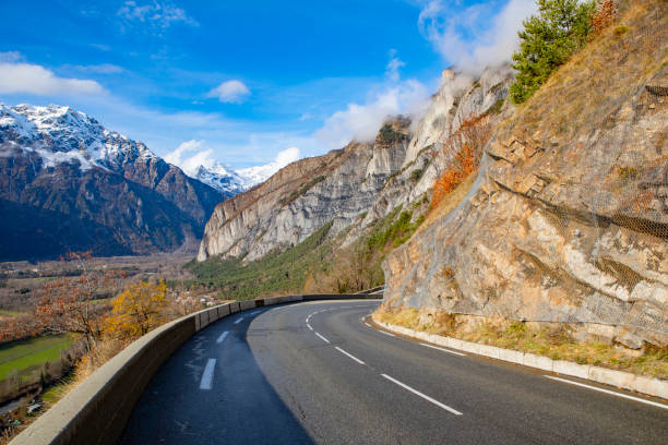 Alpe-d'Huez road in winter stock photo