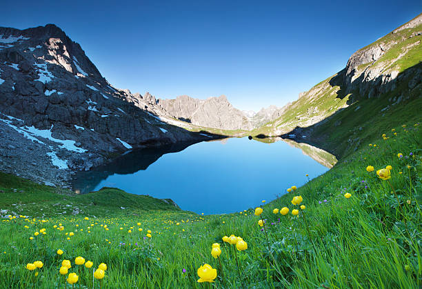 alpin lake gufelsee in tirol - austria lake gufelsee /tirol, austria, ultra wide angle view lech valley stock pictures, royalty-free photos & images
