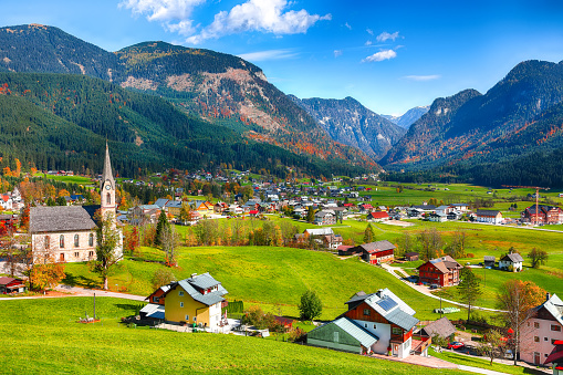 Alpine Green Fields And Traditional Wooden Houses View Of The Gosau Village Stock Photo - Download Image Now - iStock