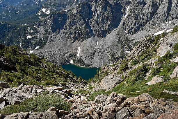Alpine Lake Surrounded by Rock This scene of an alpine lake surrounded by rugged rocky terrain was photographed from the Flattop Trail in Rocky Mountain National Park near Estes Park, Colorado, USA. jeff goulden rocky mountain national park stock pictures, royalty-free photos & images