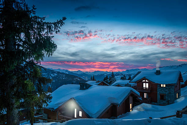 alpine village at sunset - rosières stockfoto's en -beelden
