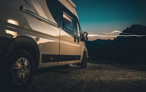 Alpine Wild Camping in a Camper Van stock photo