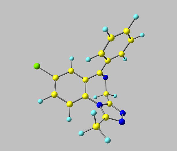 Alprazolam molecule isolated on grey Alprazolam (Xanax), available under other generic names, is a short-acting anxiolytic of the benzodiazepine class of psychoactive drugs. xanax pills stock pictures, royalty-free photos & images