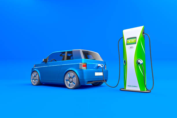 Alternative Fuel Blue City Car and EV Charging Station, Low Rear 3/4, Isolated Against Blue stock photo