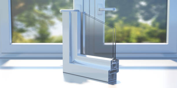 PVC aluminum profile frame double glazing cross section on a closed window sill. 3D illustration Aluminum profile frame double glazing cross section on a closed window sill. Energy efficient thermal insulation concept, room interior. 3D illustration symmetry stock pictures, royalty-free photos & images