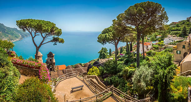 Amalfi Coast from Villa Rufolo gardens in Ravello, Campania, Italy Scenic picture-postcard view of famous Amalfi Coast with Gulf of Salerno from Villa Rufolo gardens in Ravello, Campania, Italy amalfi coast stock pictures, royalty-free photos & images