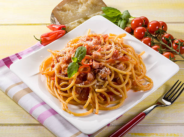 amatriciana spaghetti stock photo