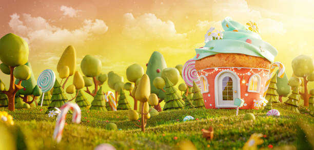 Amazing fairy house in shape of muffin in the magical forest. stock photo
