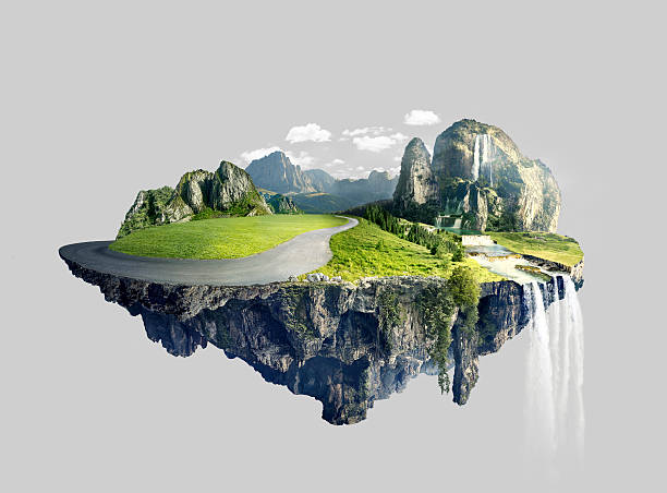 空気中に浮かぶ木立と素晴らしい島 - 岩 写真 ストックフォトと画像