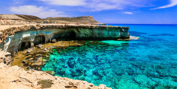Amazing sea and rocks formation in Cyprus island.   Natural park Cape Greko crystal turquoise sea of Cyprus island republic of cyprus stock pictures, royalty-free photos & images